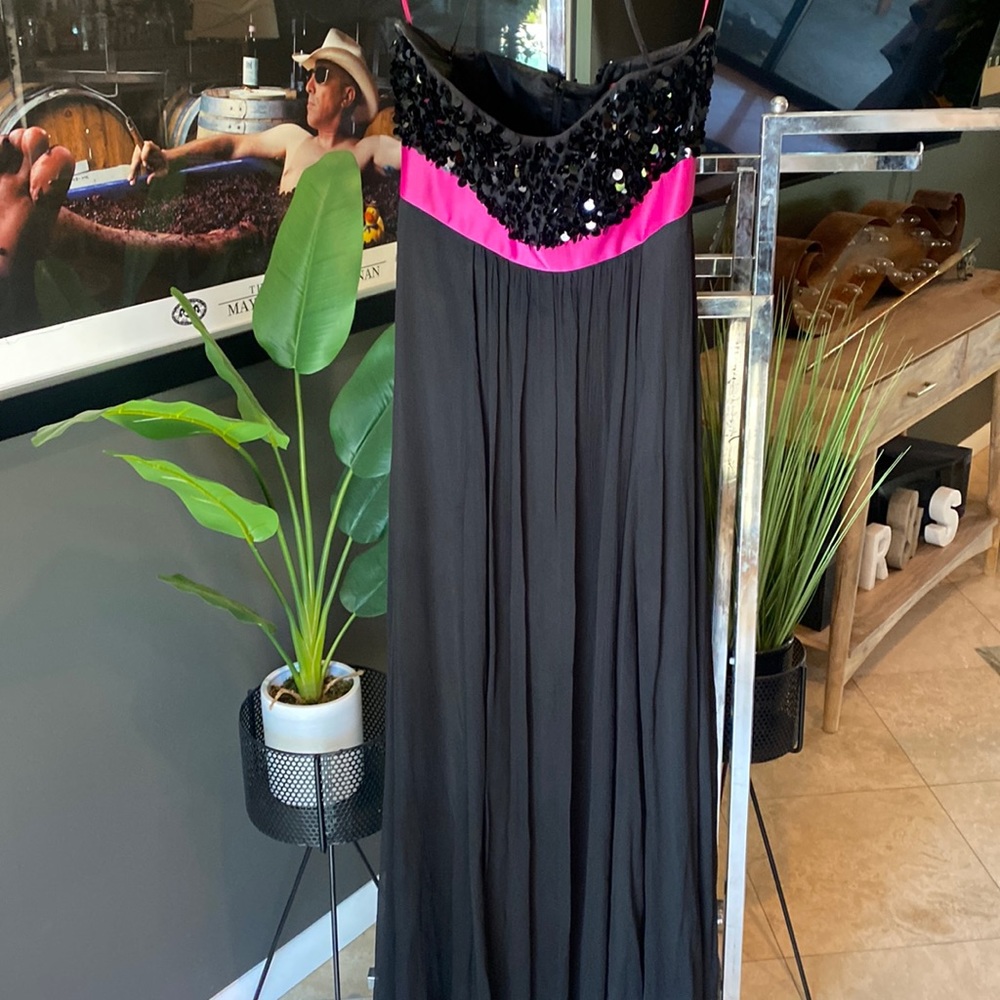 Betsey Johnson Black Chiffon and Sequin Bodice Dress with Hot Pink Waistband